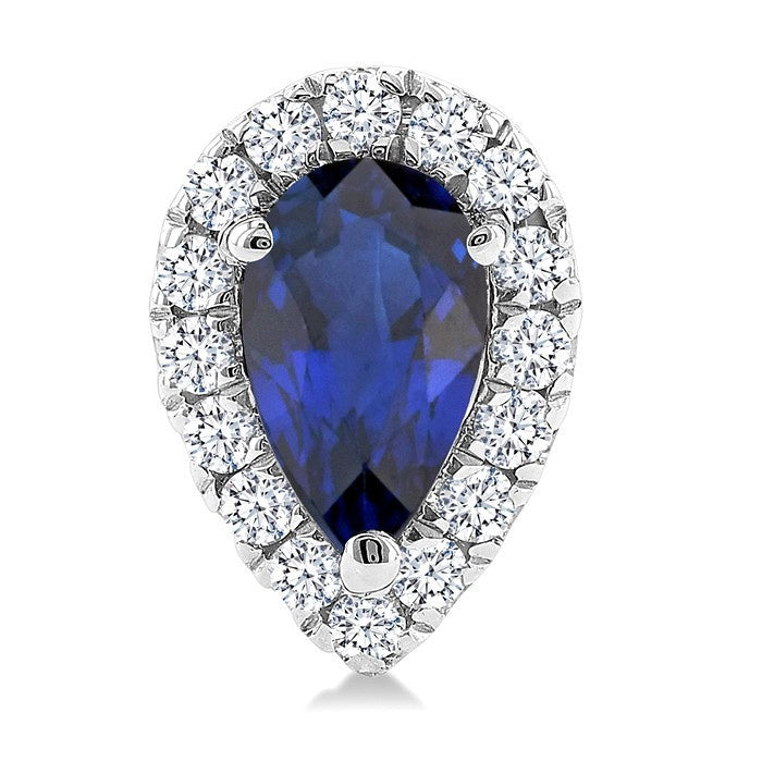 5x3 MM Pear Shape Sapphire and 1/8 Ctw Round Cut Diamond Halo Precious Stud Earrings in 10K White Gold