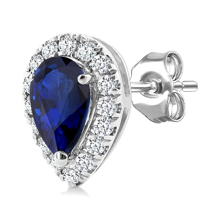 5x3 MM Pear Shape Sapphire and 1/8 Ctw Round Cut Diamond Halo Precious Stud Earrings in 10K White Gold