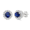 3.25 MM Round Sapphire and 1/10 Ctw Round Cut Diamond Halo Precious Stud Earrings in 10K White Gold