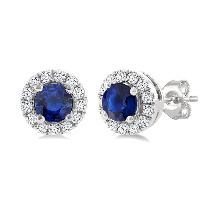 3.25 MM Round Sapphire and 1/10 Ctw Round Cut Diamond Halo Precious Stud Earrings in 10K White Gold