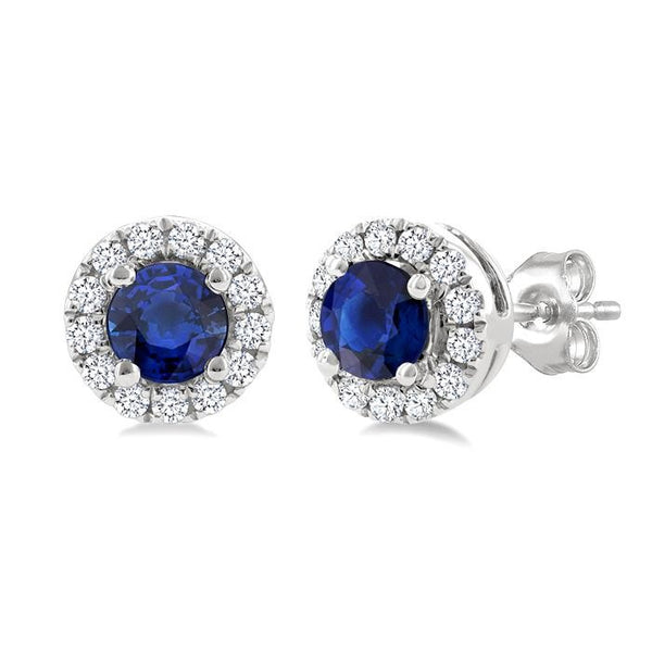3.25 MM Round Sapphire and 1/10 Ctw Round Cut Diamond Halo Precious Stud Earrings in 10K White Gold