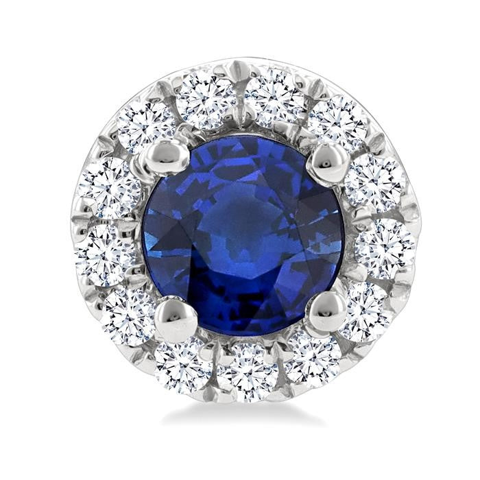 3.25 MM Round Sapphire and 1/10 Ctw Round Cut Diamond Halo Precious Stud Earrings in 10K White Gold