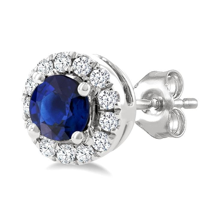 3.25 MM Round Sapphire and 1/10 Ctw Round Cut Diamond Halo Precious Stud Earrings in 10K White Gold