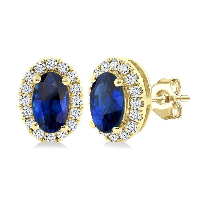 5x3 MM Oval Shape Sapphire and 1/8 Ctw Round Cut Diamond Halo Precious Stud Earrings in 10K Yellow Gold