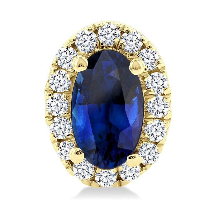 5x3 MM Oval Shape Sapphire and 1/8 Ctw Round Cut Diamond Halo Precious Stud Earrings in 10K Yellow Gold