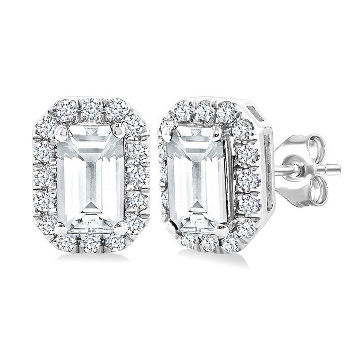 5x3 MM Octagonal Shape White Topaz and 1/8 Ctw Round Cut Diamond Halo Semi-Precious Stud Earrings in 10K White Gold
