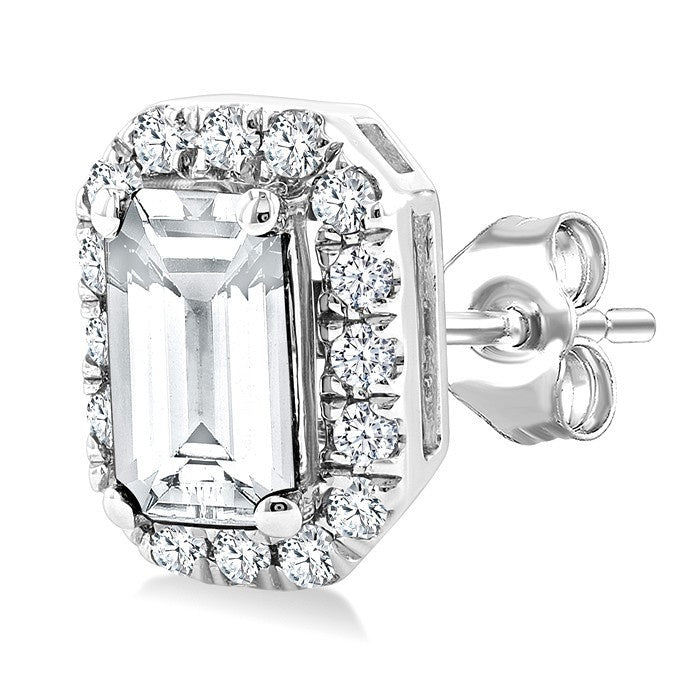 5x3 MM Octagonal Shape White Topaz and 1/8 Ctw Round Cut Diamond Halo Semi-Precious Stud Earrings in 10K White Gold