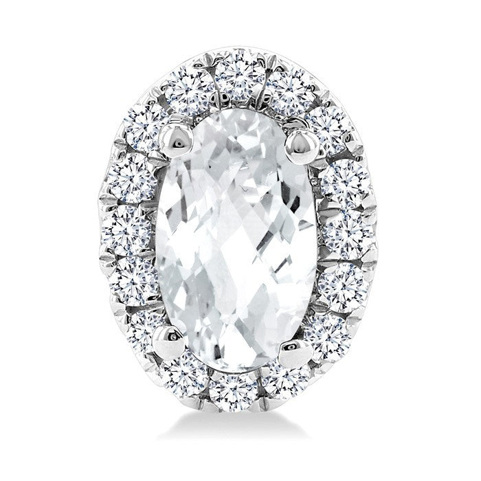 5x3 MM Oval Shape White Topaz and 1/8 Ctw Round Cut Diamond Halo Semi-Precious Stud Earrings in 10K White Gold