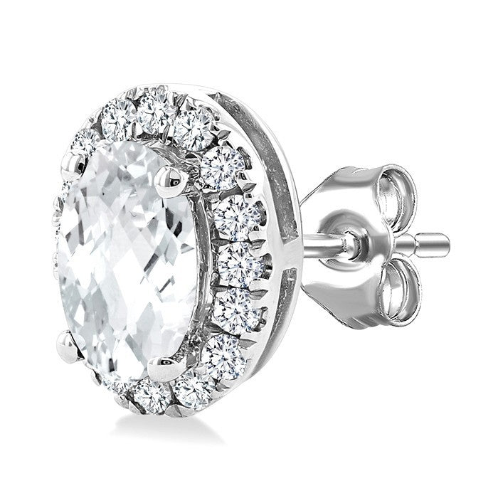 5x3 MM Oval Shape White Topaz and 1/8 Ctw Round Cut Diamond Halo Semi-Precious Stud Earrings in 10K White Gold