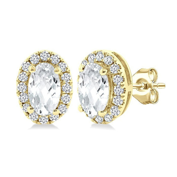 5x3 MM Oval Shape White Topaz and 1/8 Ctw Round Cut Diamond Halo Semi-Precious Stud Earrings in 10K Yellow Gold