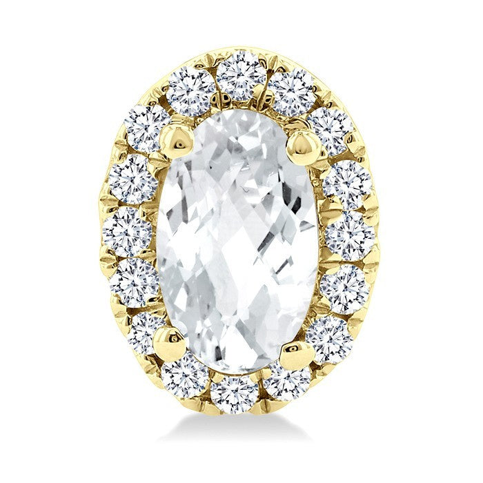 5x3 MM Oval Shape White Topaz and 1/8 Ctw Round Cut Diamond Halo Semi-Precious Stud Earrings in 10K Yellow Gold