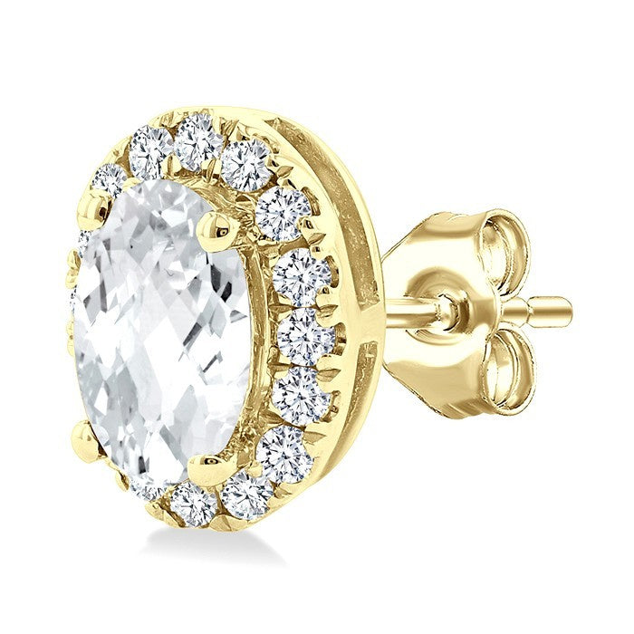 5x3 MM Oval Shape White Topaz and 1/8 Ctw Round Cut Diamond Halo Semi-Precious Stud Earrings in 10K Yellow Gold