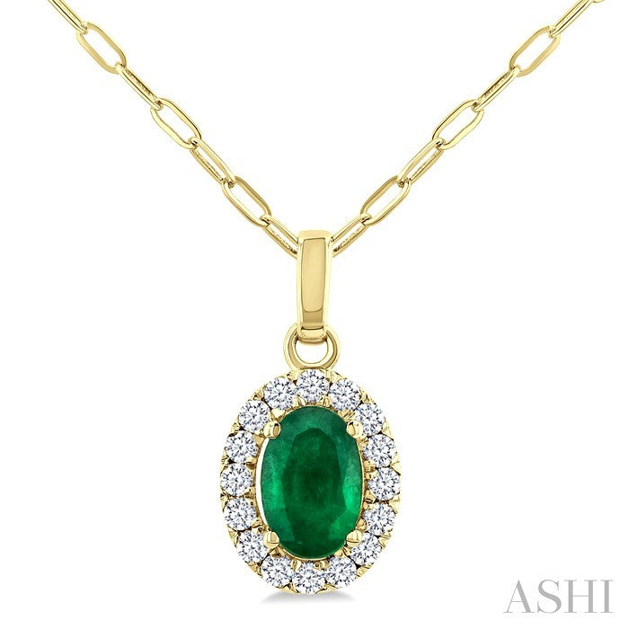 6x4 MM Oval Shape Emerald and 1/6 Ctw Round Cut Diamond Halo Precious Pendant with Chain in 14K Yellow Gold