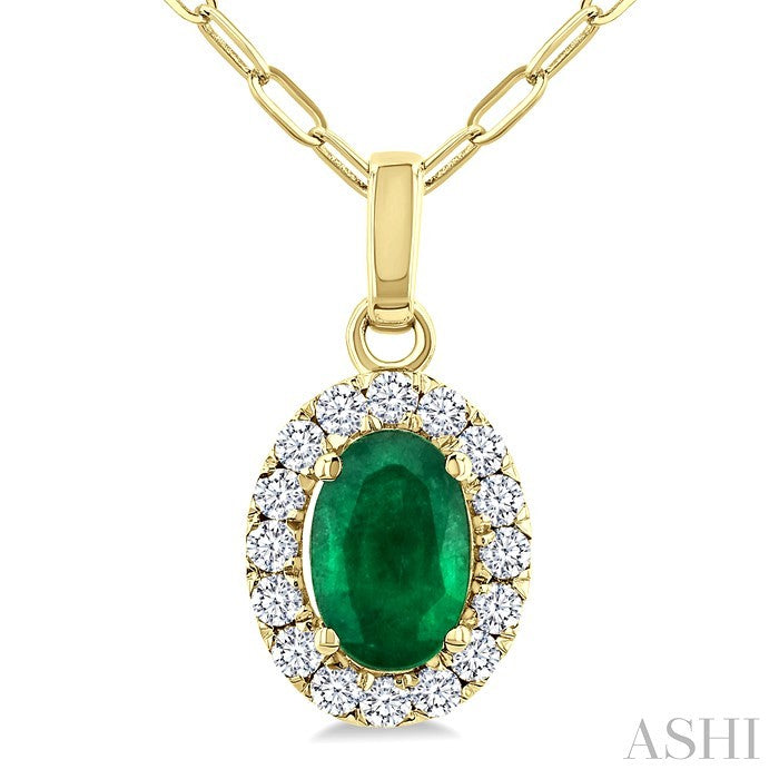 6x4 MM Oval Shape Emerald and 1/6 Ctw Round Cut Diamond Halo Precious Pendant with Chain in 14K Yellow Gold