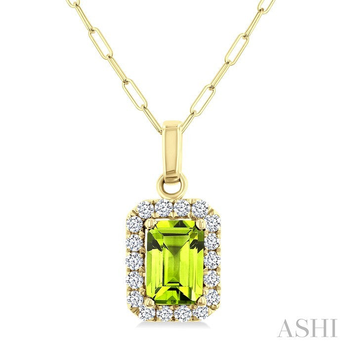 6x4 MM Octagonal Shape Peridot and 1/6 Ctw Round Cut Diamond Halo Semi-Precious Pendant with Chain in 14K Yellow Gold