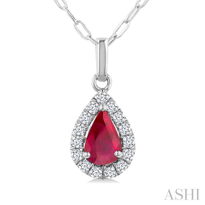 6x4 MM Pear Shape Ruby and 1/6 Ctw Round Cut Diamond Halo Precious Pendant with Chain in 14K White Gold
