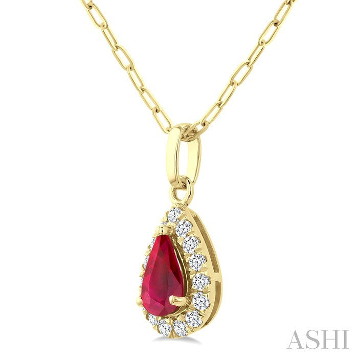 6x4 MM Pear Shape Ruby and 1/6 Ctw Round Cut Diamond Halo Precious Pendant with Chain in 14K Yellow Gold