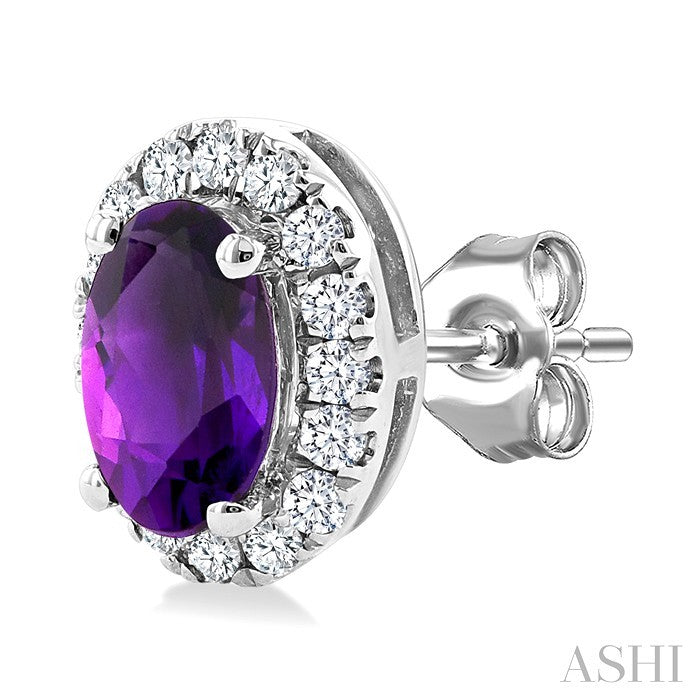 5x3 MM Oval Shape Amethyst and 1/8 Ctw Round Cut Diamond Halo Semi-Precious Stud Earrings in 14K White Gold
