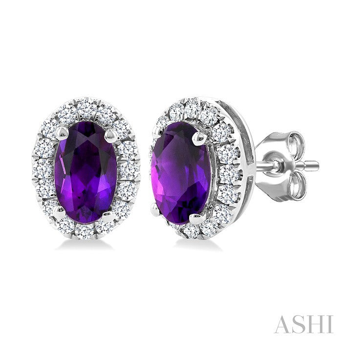 5x3 MM Oval Shape Amethyst and 1/8 Ctw Round Cut Diamond Halo Semi-Precious Stud Earrings in 14K White Gold