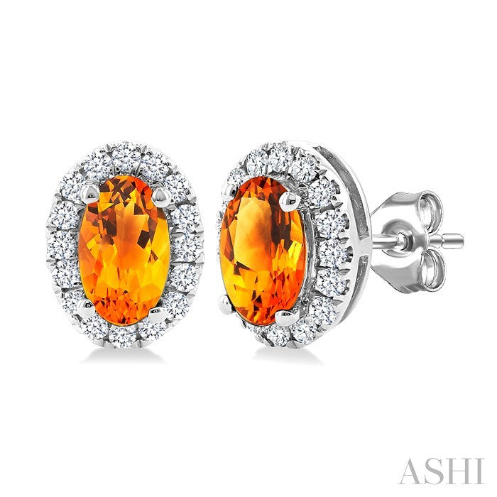 5x3 MM Oval Shape Citrine and 1/8 Ctw Round Cut Diamond Halo Semi-Precious Stud Earrings in 14K White Gold