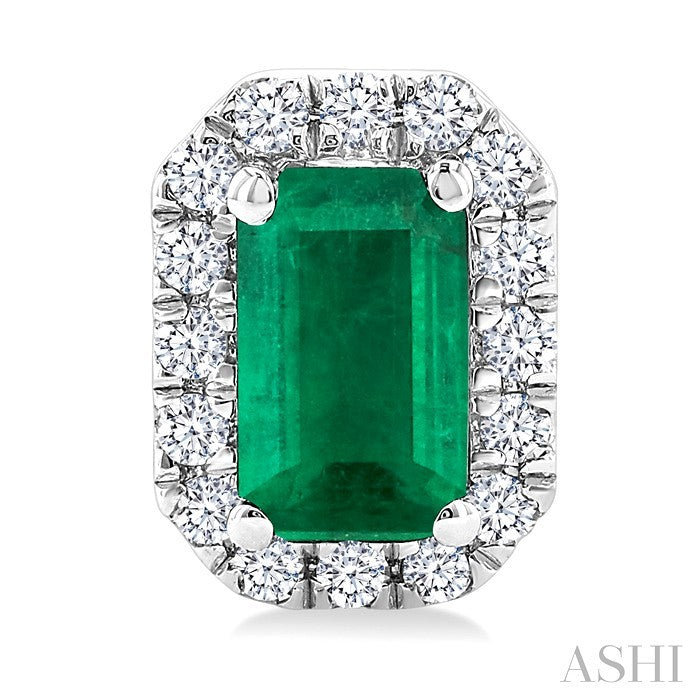5x3 MM Octagonal Shape Emerald and 1/8 Ctw Round Cut Diamond Halo Precious Stud Earrings in 14K White Gold