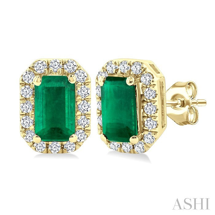 5x3 MM Octagonal Shape Emerald and 1/8 Ctw Round Cut Diamond Halo Precious Stud Earrings in 14K Yellow Gold