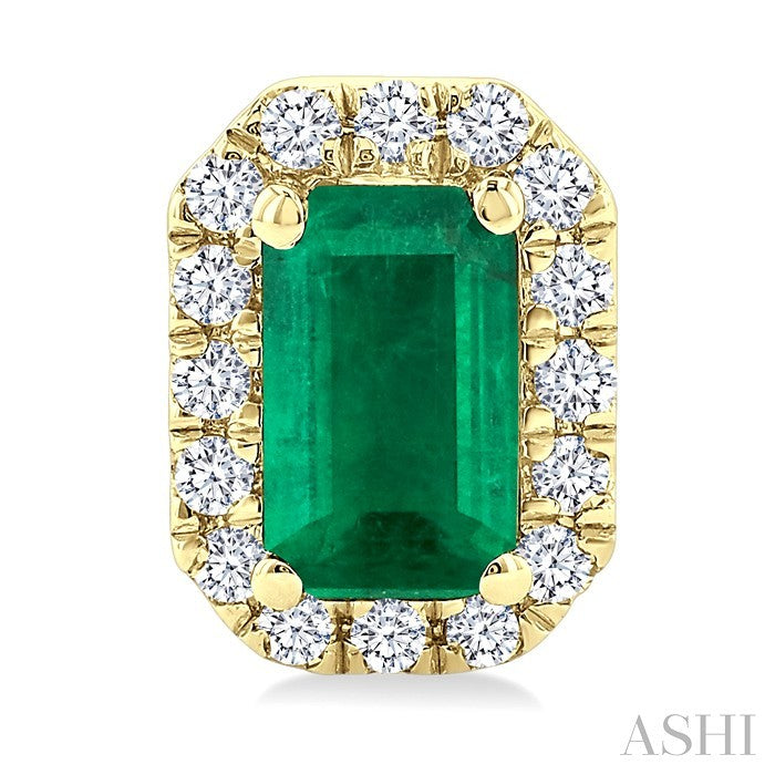 5x3 MM Octagonal Shape Emerald and 1/8 Ctw Round Cut Diamond Halo Precious Stud Earrings in 14K Yellow Gold