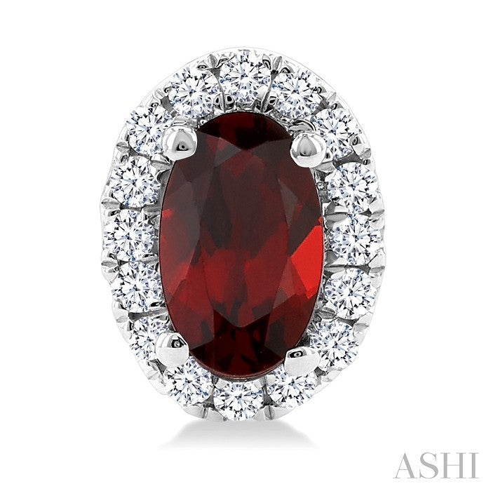 5x3 MM Oval Shape Garnet and 1/8 Ctw Round Cut Diamond Halo Semi-Precious Stud Earrings in 14K White Gold
