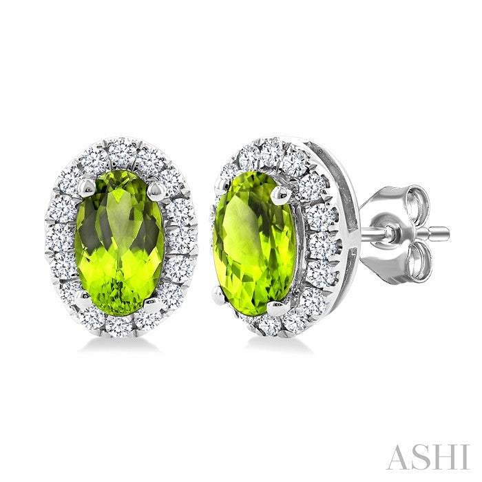 5x3 MM Oval Shape Peridot and 1/8 Ctw Round Cut Diamond Halo Semi-Precious Stud Earrings in 14K White Gold
