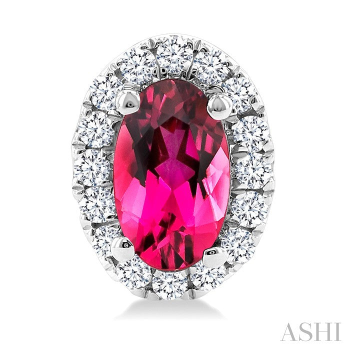 5x3 MM Oval Shape Pink Tourmaline and 1/8 Ctw Round Cut Diamond Halo Semi-Precious Stud Earrings in 14K White Gold