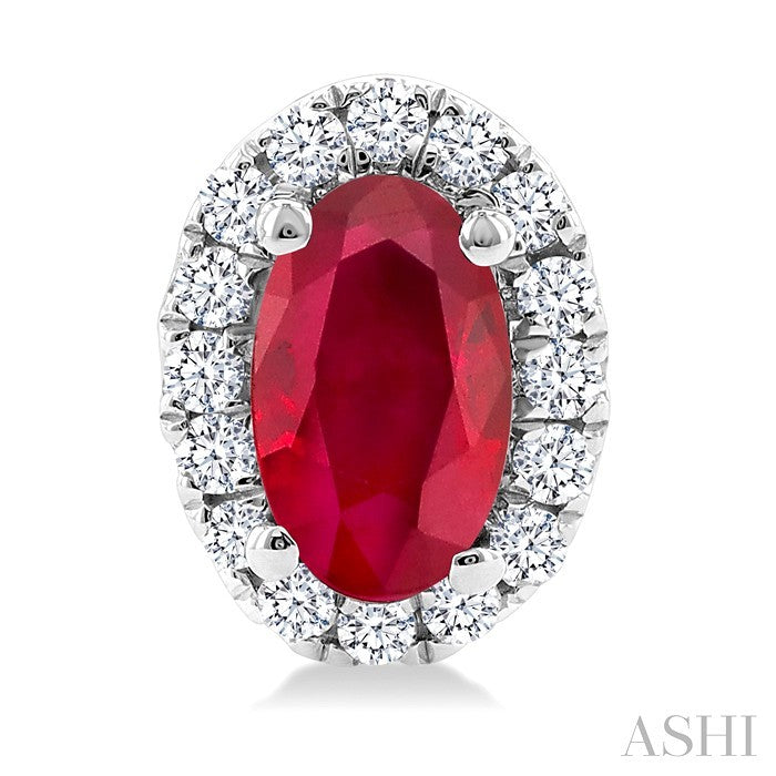 5x3 MM Oval Shape Ruby and 1/8 Ctw Round Cut Diamond Halo Precious Stud Earrings in 14K White Gold