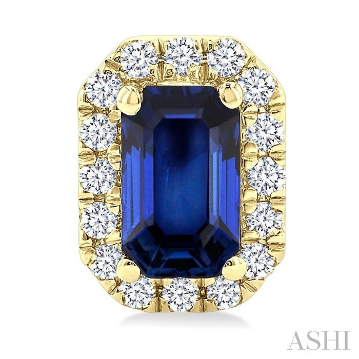 5x3 MM Octagonal Shape Sapphire and 1/8 Ctw Round Cut Diamond Halo Precious Stud Earrings in 14K Yellow Gold