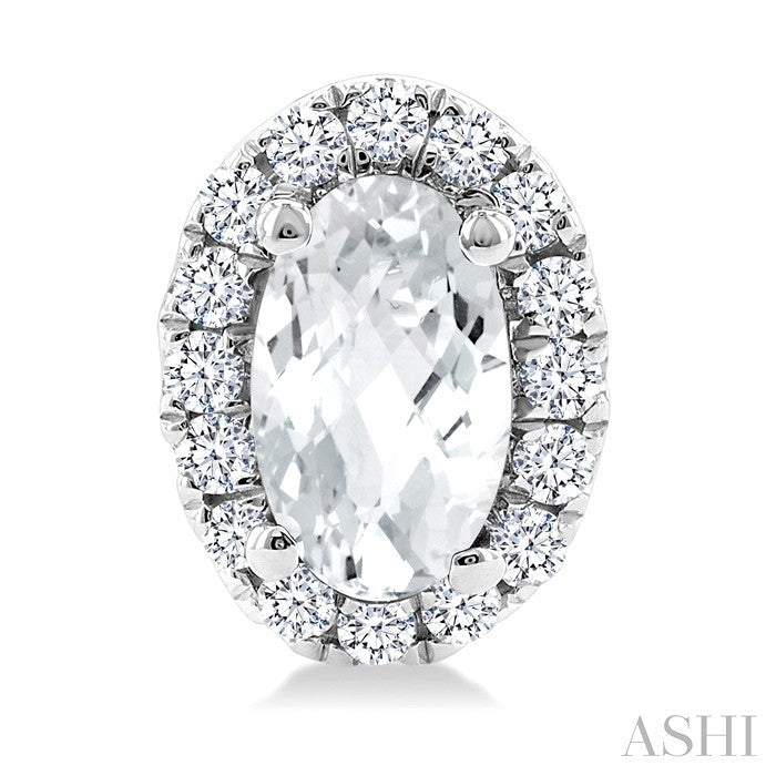5x3 MM Oval Shape White Topaz and 1/8 Ctw Round Cut Diamond Halo Semi-Precious Stud Earrings in 14K White Gold