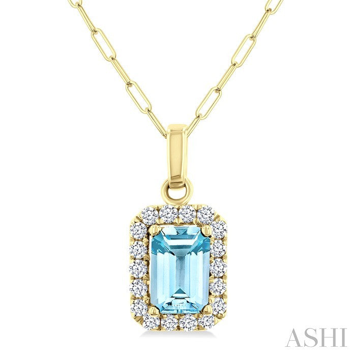 6x4 MM Octagonal Shape Aquamarine and 1/6 Ctw Round Cut Diamond Halo Semi-Precious Pendant with Chain in 10K Yellow Gold
