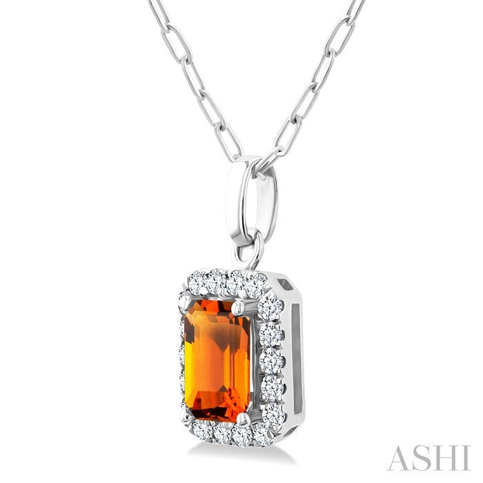 6x4 MM Octagonal Shape Citrine and 1/6 Ctw Round Cut Diamond Halo Semi-Precious Pendant with Chain in 10K White Gold