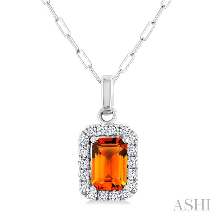 6x4 MM Octagonal Shape Citrine and 1/6 Ctw Round Cut Diamond Halo Semi-Precious Pendant with Chain in 10K White Gold