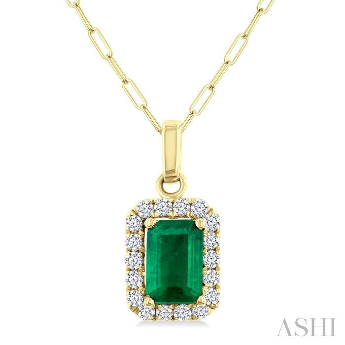 6x4 MM Octagonal Shape Emerald and 1/6 Ctw Round Cut Diamond Halo Precious Pendant with Chain in 10K Yellow Gold