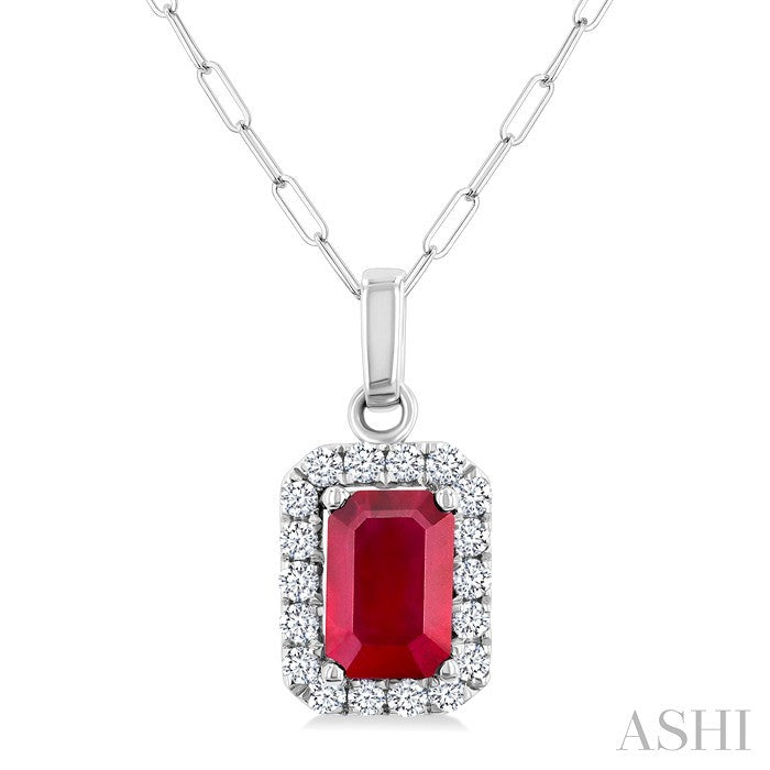 6x4 MM Octagonal Shape Ruby and 1/6 Ctw Round Cut Diamond Halo Precious Pendant with Chain in 10K White Gold