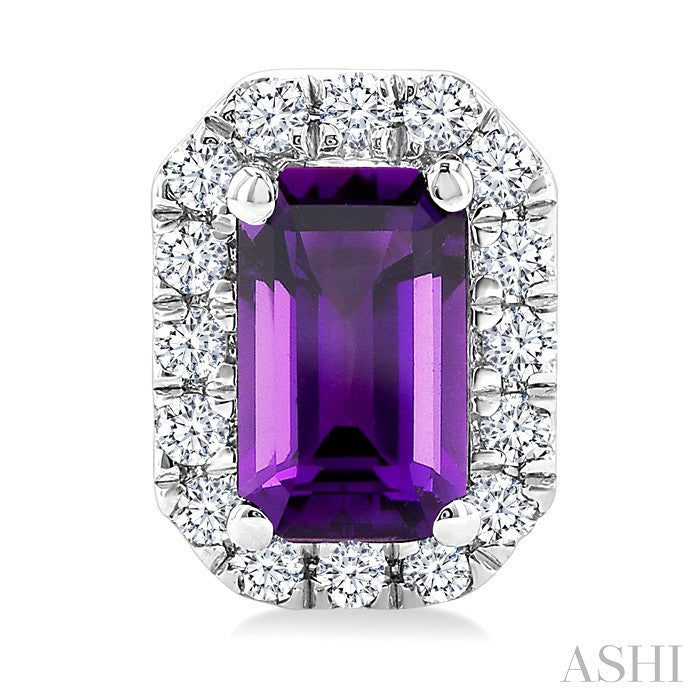 5x3 MM Octagonal Shape Amethyst and 1/8 Ctw Round Cut Diamond Halo Semi-Precious Stud Earrings in 10K White Gold
