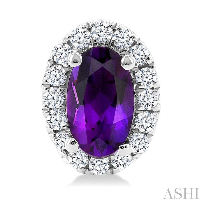 5x3 MM Oval Shape Amethyst and 1/8 Ctw Round Cut Diamond Halo Semi-Precious Stud Earrings in 10K White Gold