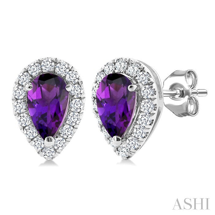 5x3 MM Pear Shape Amethyst and 1/8 Ctw Round Cut Diamond Halo Semi-Precious Stud Earrings in 10K White Gold