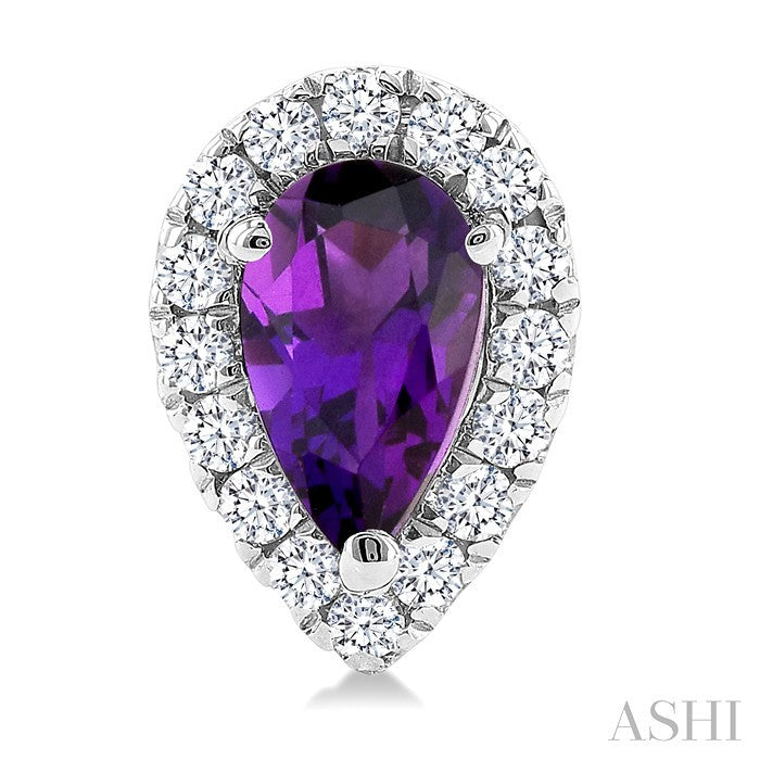 5x3 MM Pear Shape Amethyst and 1/8 Ctw Round Cut Diamond Halo Semi-Precious Stud Earrings in 10K White Gold