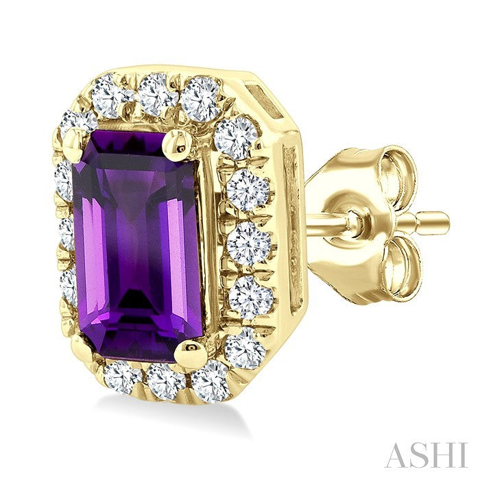 5x3 MM Octagonal Shape Amethyst and 1/8 Ctw Round Cut Diamond Halo Semi-Precious Stud Earrings in 10K Yellow Gold