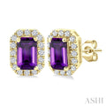 5x3 MM Octagonal Shape Amethyst and 1/8 Ctw Round Cut Diamond Halo Semi-Precious Stud Earrings in 10K Yellow Gold