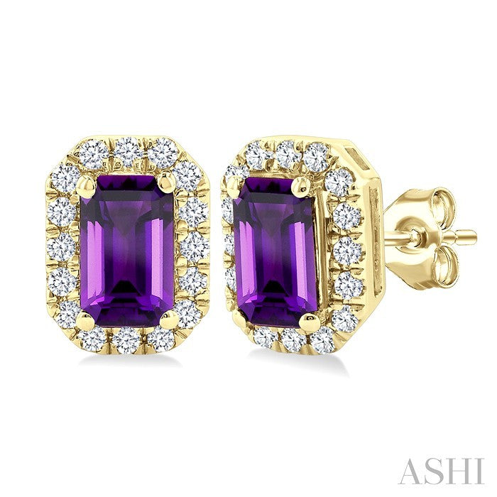 5x3 MM Octagonal Shape Amethyst and 1/8 Ctw Round Cut Diamond Halo Semi-Precious Stud Earrings in 10K Yellow Gold