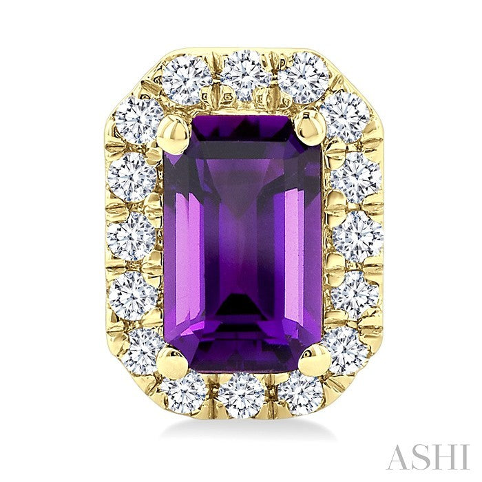 5x3 MM Octagonal Shape Amethyst and 1/8 Ctw Round Cut Diamond Halo Semi-Precious Stud Earrings in 10K Yellow Gold