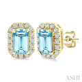 5x3 MM Octagonal Shape Aquamarine and 1/8 Ctw Round Cut Diamond Halo Semi-Precious Stud Earrings in 10K Yellow Gold
