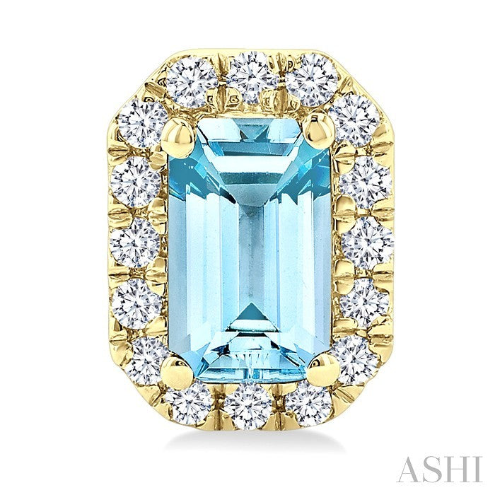 5x3 MM Octagonal Shape Aquamarine and 1/8 Ctw Round Cut Diamond Halo Semi-Precious Stud Earrings in 10K Yellow Gold