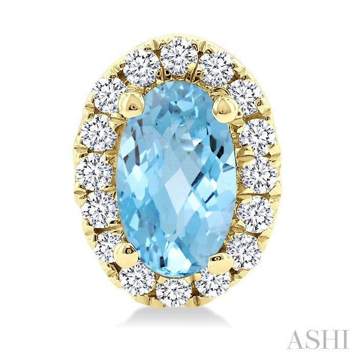 5x3 MM Oval Shape Aquamarine and 1/8 Ctw Round Cut Diamond Halo Semi-Precious Stud Earrings in 10K Yellow Gold