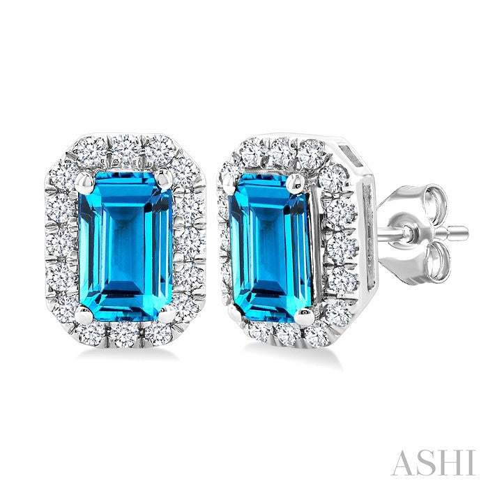 5x3 MM Octagonal Shape Blue Topaz and 1/8 Ctw Round Cut Diamond Halo Semi-Precious Stud Earrings in 10K White Gold
